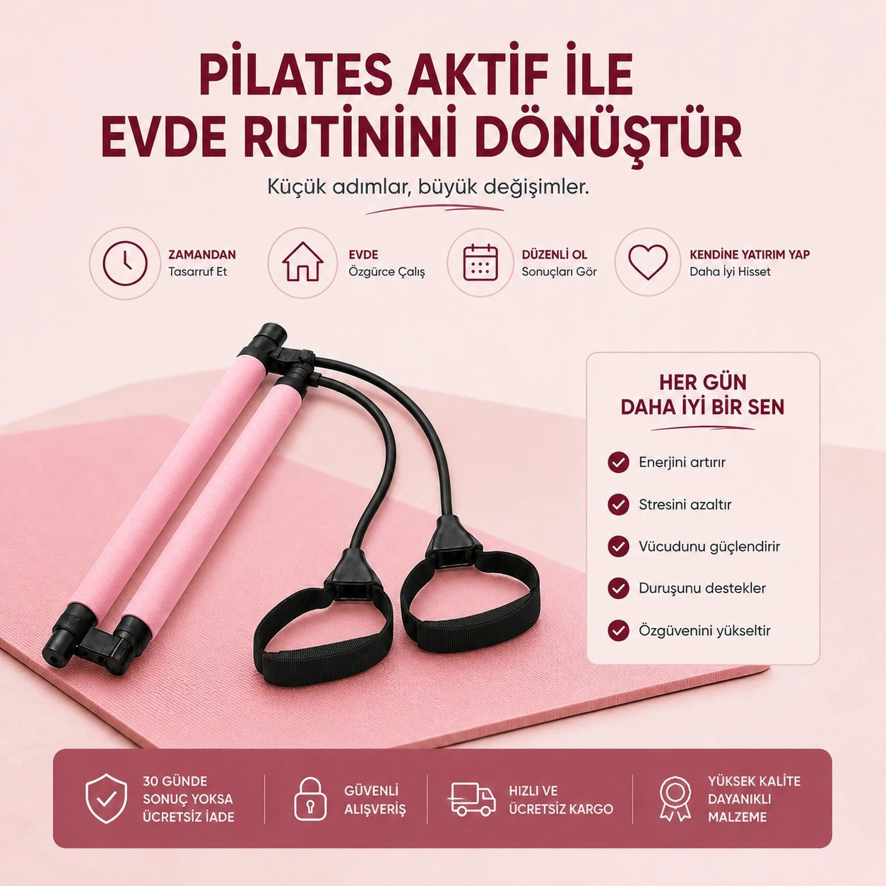 Evde pilates barı ile egzersiz yapan kadın