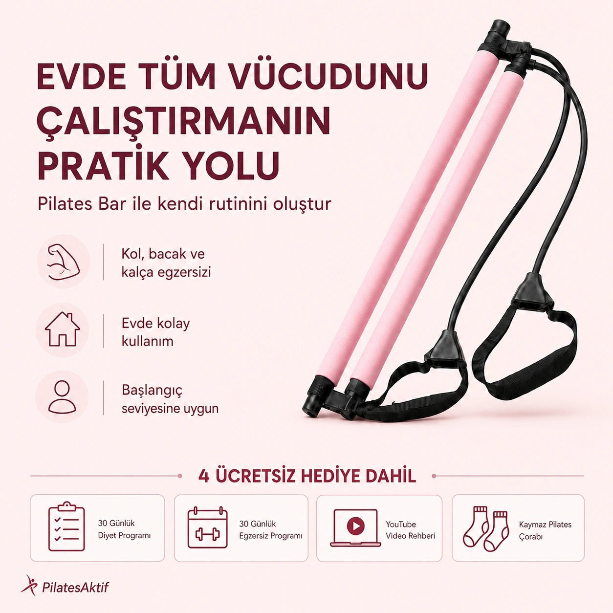 EvdePilates Bar Seti: bar, direnç lastikleri ve ayak pedalları